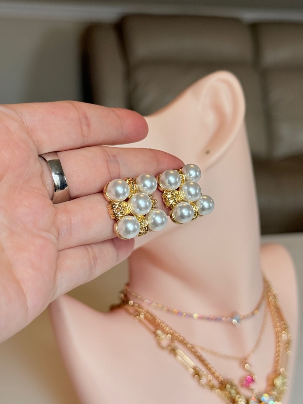 Gold and White Pearl Cluster Stud Earrings - Picture 9 of 10